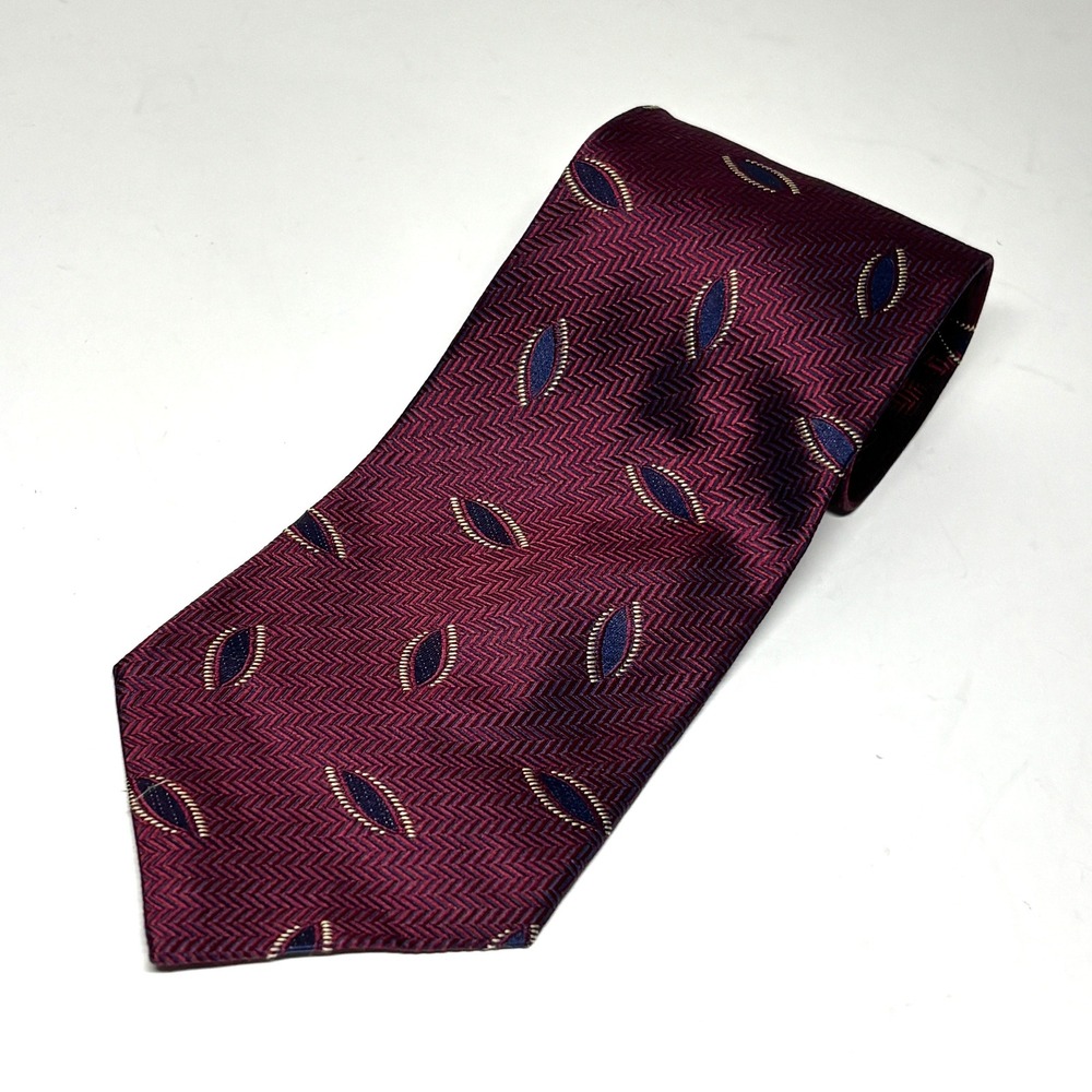 Everett Hall Tie Mens OS Burgundy Italian Silk Herringbone Leaf Pattern Preppy
